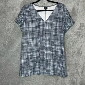 Worthington 1X Shirt Top Blue Black Plaid Short Sleeve V Neck Stretch Knit.